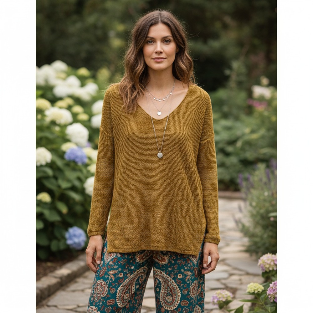 Old Navy M Tunic‎ Sweater Yellow Gold Brown Marled  V Neck Cottage Cozy Rustic